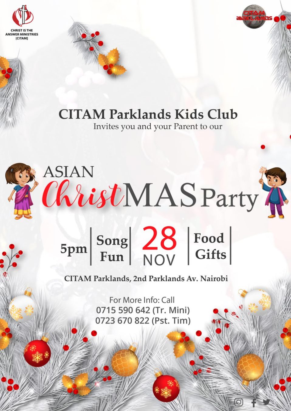 CITAM Parklands kids club invites you to Asian Christmas party on 28th Nov 2021